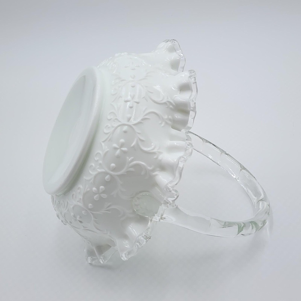 Fenton Spanish Lace White Milk Glass Silver Crest Basket Clear Rim Vintage - Picture 12 of 13